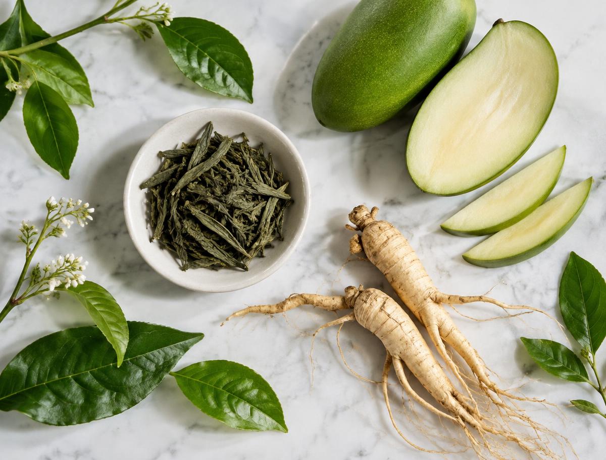 An editorial arrangement of tea leaves, mango, and botanical roots